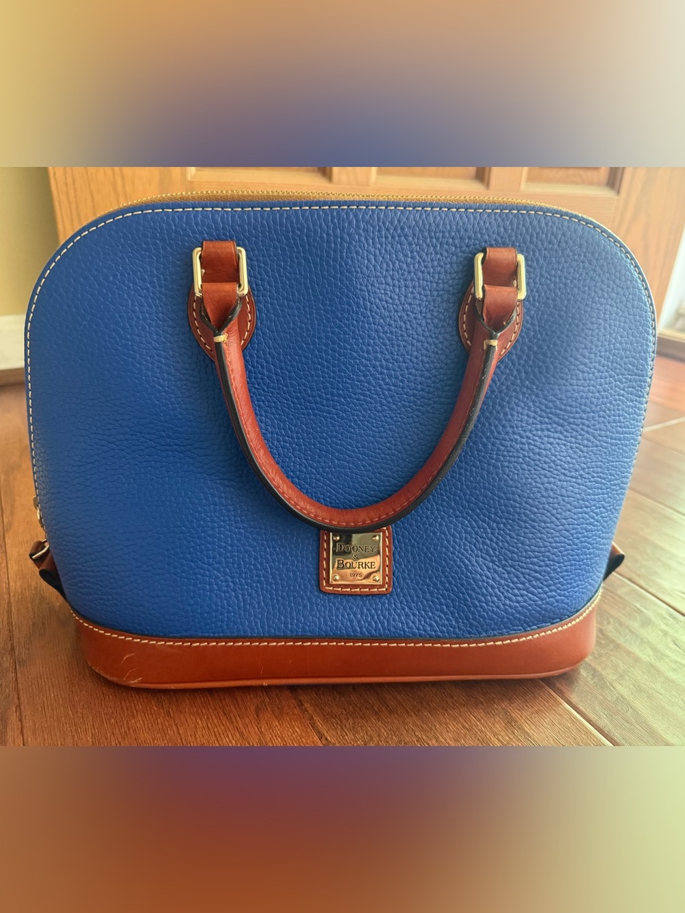Dooney & Bourke Pebble Grain Royal Blue Leather Satchel with Brown Trim